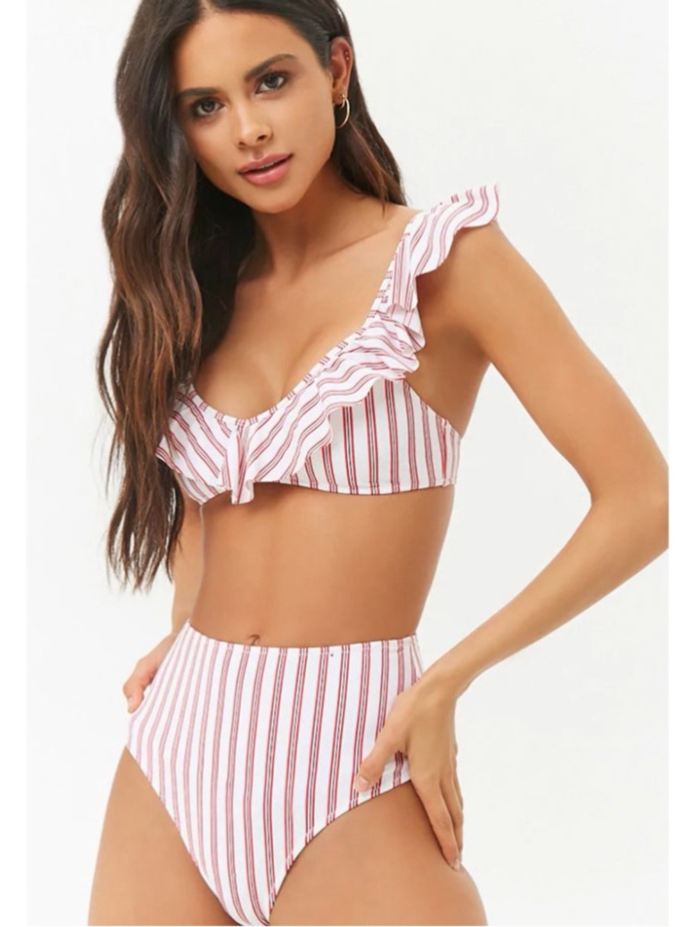 Forever 21 Red & White High Waisted Striped Ruffle Bikini Set